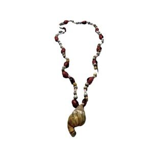 Handmade Shell Pendant on Seed and Bead Necklace.